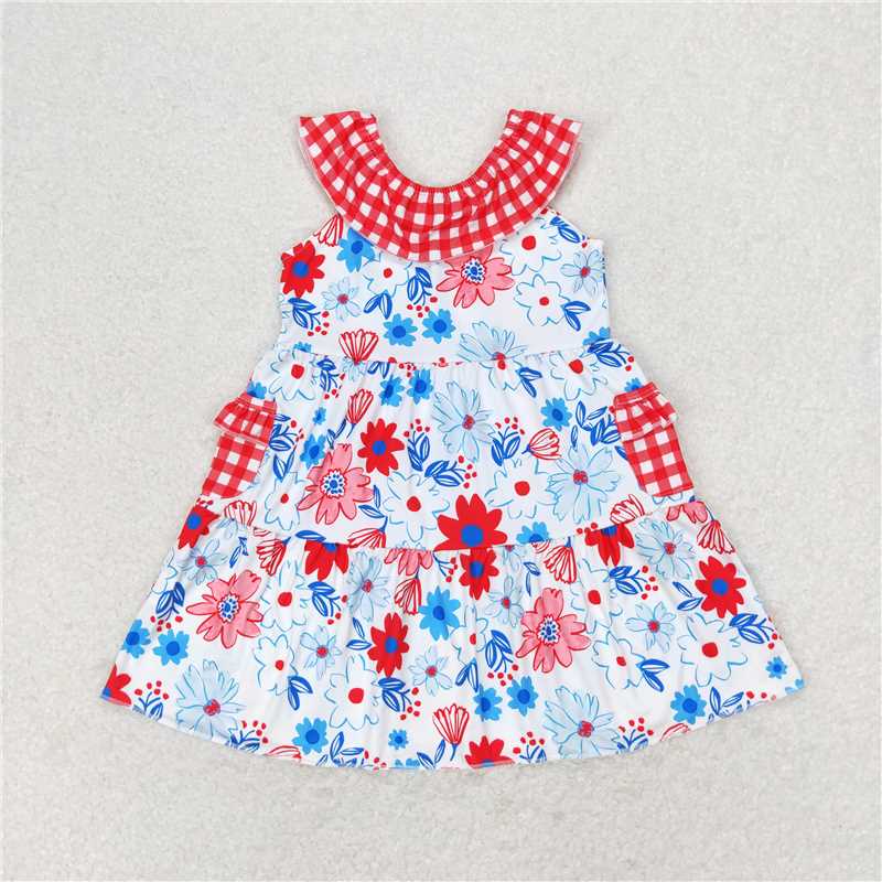 GSD1013  Baby Girls Red Flowers Pockets Knee Length Dresses