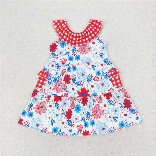 GSD1013  Baby Girls Red Flowers Pockets Knee Length Dresses