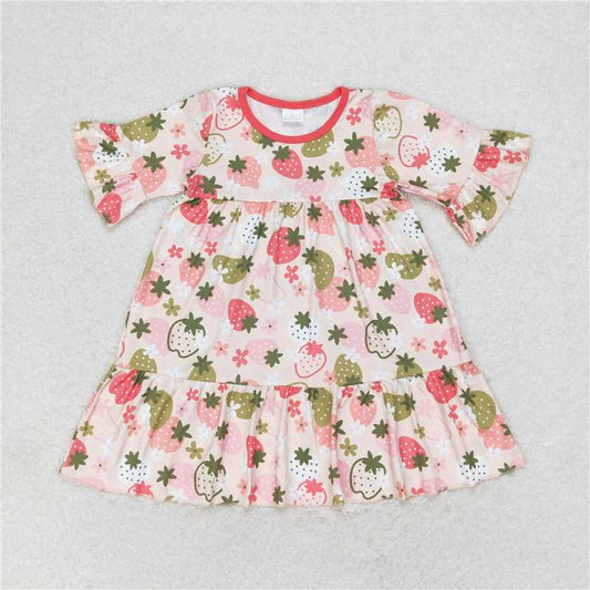 GSD1098  Baby Girls Short Sleeve Strawberry Ruffle Knee Length Dresses