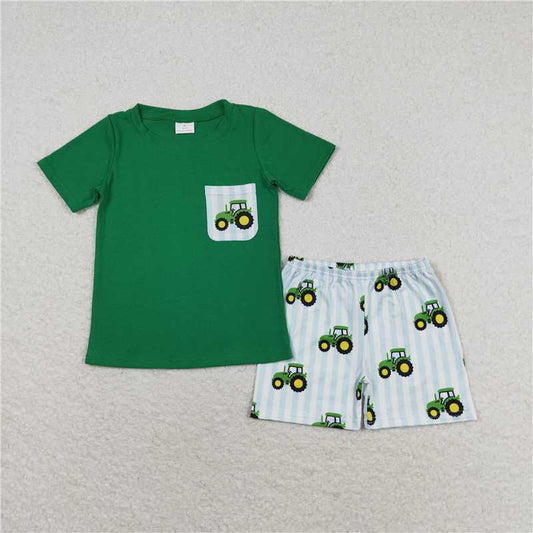 BSSO0903 Baby Boys Green Tee Shirts Tops Tractors Shorts Clothes Sets