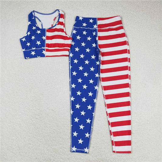 GSPO1486  Adult Women 4th Of July Stars Vest Top Pants Yogo Sports Clothes Sets
