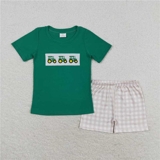 BSSO0809  Baby Boys Green Tractors Shirt Summer Shorts Clothes Sets