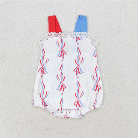 1.6 RTS NO MOQ （In stock）SR1599 4th of July Baby Girls Bows 4th Of July Summer Straps Rompers
