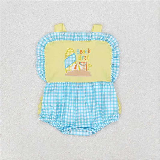 SR0956 Baby Infant Girls Beach Blue Checkered Rompers