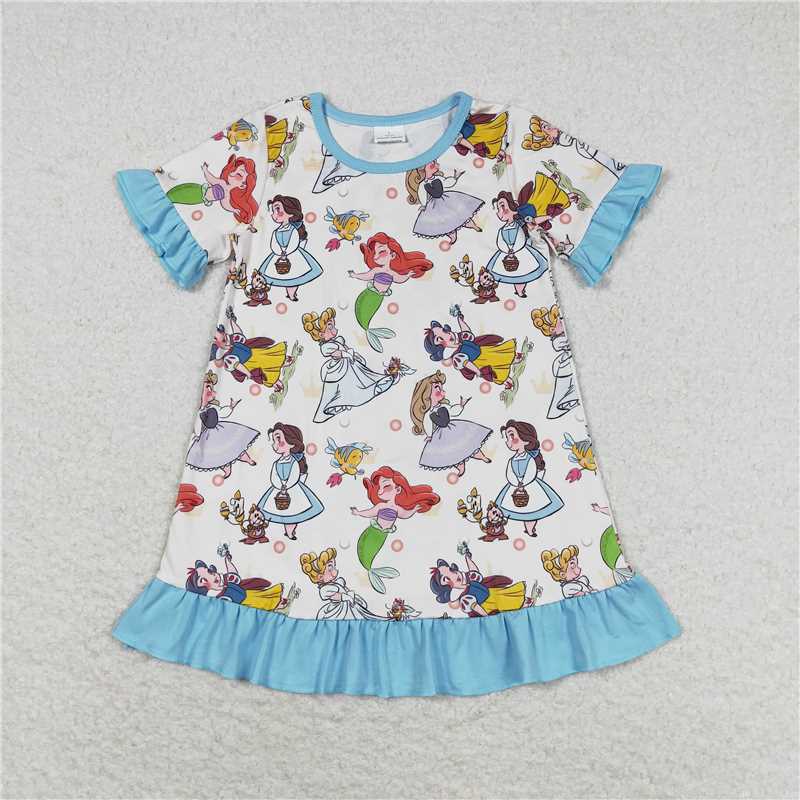 GSD1291  Baby Girls Mermaid Cartoon Ruffle Short Sleeve Knee Length Dresses