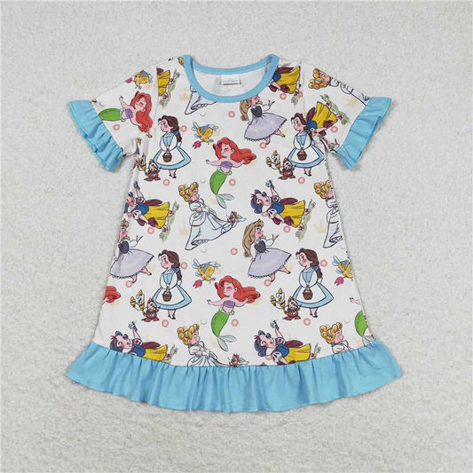 GSD1291  Baby Girls Mermaid Cartoon Ruffle Short Sleeve Knee Length Dresses