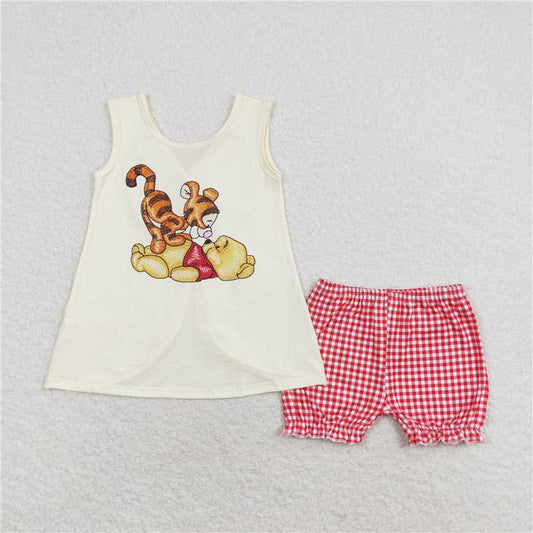 GSSO1282Sleeveless bear top plaid ruffle shorts girls clothes