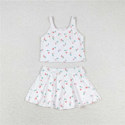 GSD0993  RTS NO MOQ Baby Girls Yoga Outfits Baby Girls Summer White Peach Top Skirts Active Wear Clothes Sets