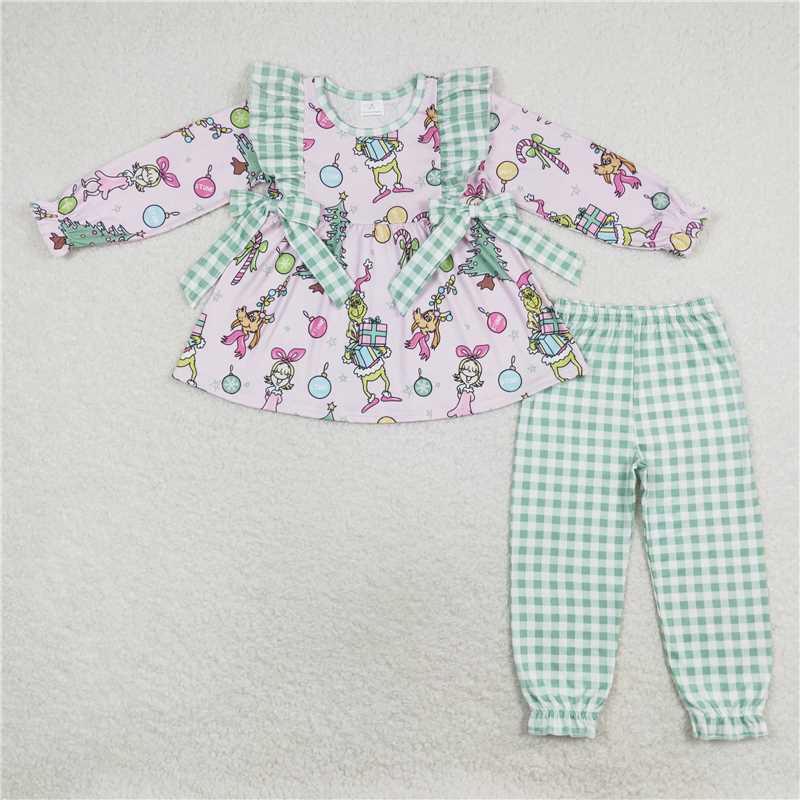 12.10 RTS NO MOQ （In stock）GLP1189 Baby Girls Christmas Pink Frog Bows Tunic Pants Clothes Sets