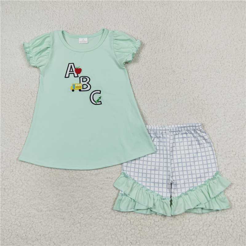 12.30 RTS NO MOQ （In stock）GSSO0930 Baby Girls Toddler Green Back To School ABC Tunic Top Ruffle Shorts Clothes Sets