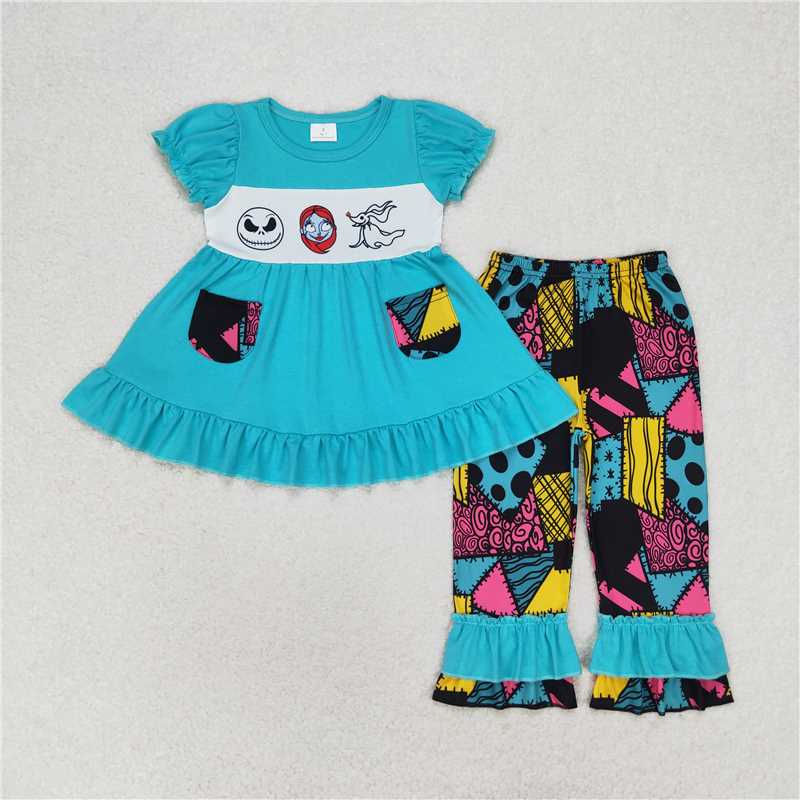 10.17 RTS NO MOQ （In stock）Matching Halloween GSPO1579 Baby Girls Halloween Nightmare Ruffle Tops Pants Clothes Sets
