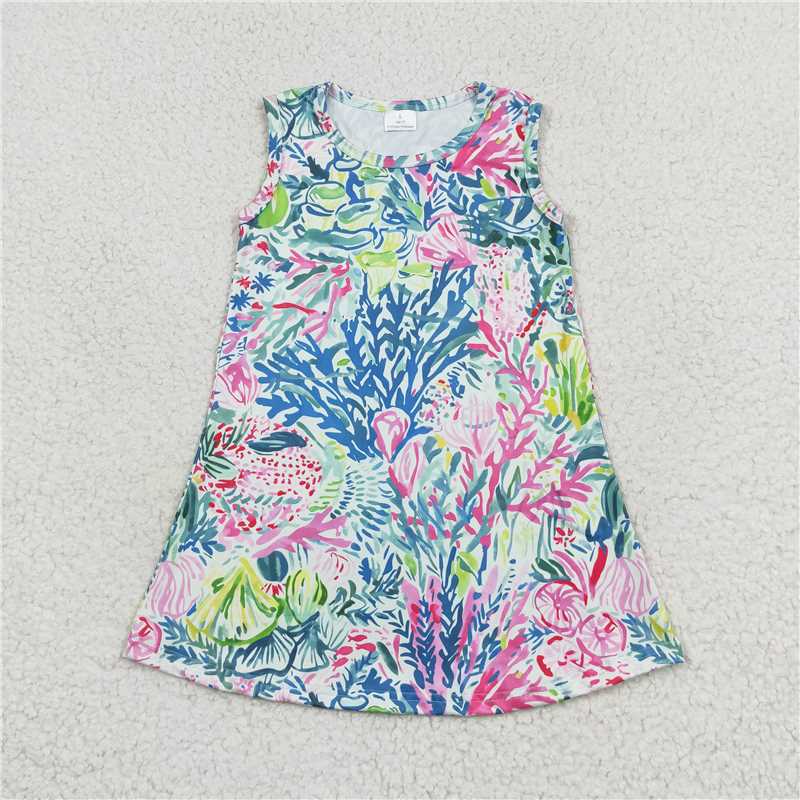 GSD1139  Baby Girls Blue Pink Leaves Flowers Sleeveless Knee Length Dresses