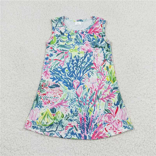 GSD1139  Baby Girls Blue Pink Leaves Flowers Sleeveless Knee Length Dresses