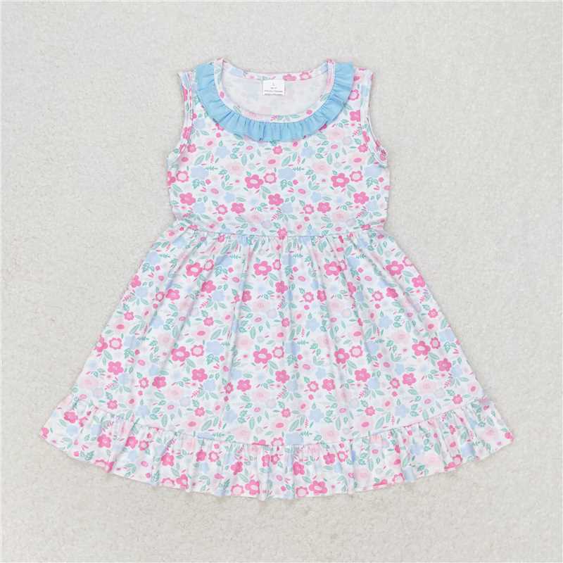 GSD1102   Baby Girls Blue Pink Flowers Sleeveless Knee Length Dresses