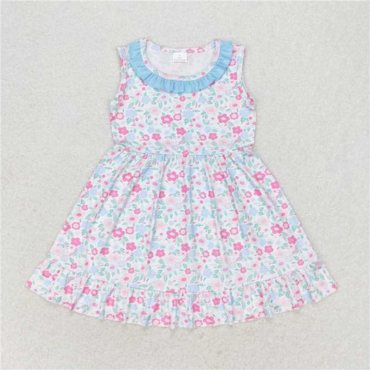 GSD1102   Baby Girls Blue Pink Flowers Sleeveless Knee Length Dresses