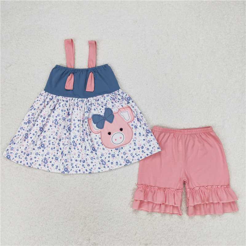 GSSO0493RTS NO MOQ Baby Girls Summer Outfits Pig floral tunic ruffle shorts girls summer clothes