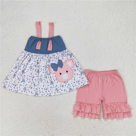 GSSO0493RTS NO MOQ Baby Girls Summer Outfits Pig floral tunic ruffle shorts girls summer clothes