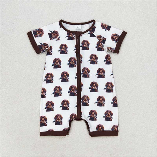SR1687 Baby Boys Brown Pocket Dogs Sibling Rompers Clothes Sets