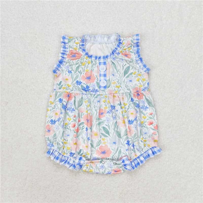 SR1345  Baby Girls Blue Flowers Ruffle Sleeveless Rompers