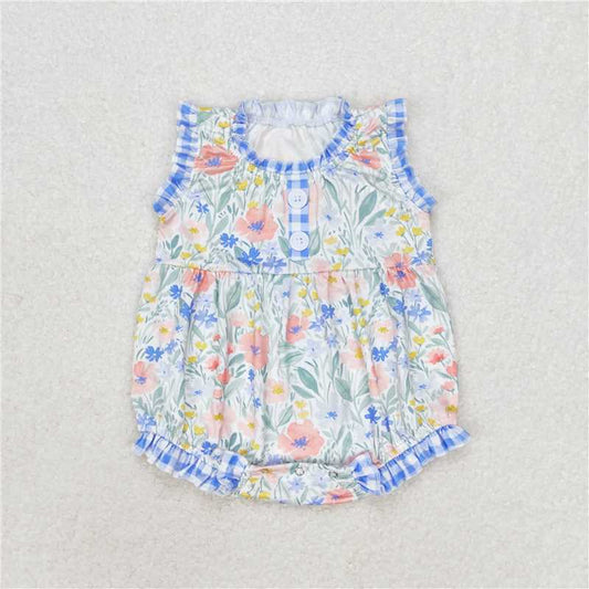 SR1345  Baby Girls Blue Flowers Ruffle Sleeveless Rompers