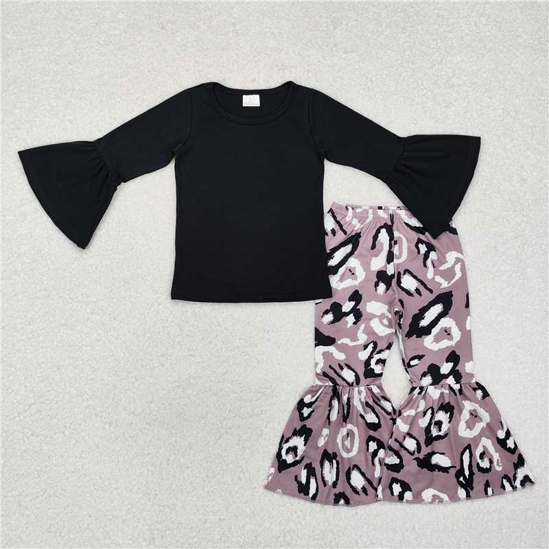 GLP1970Black cotton top leopard bell bottom pants girls clothes