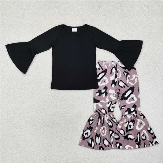 GLP1970Black cotton top leopard bell bottom pants girls clothes