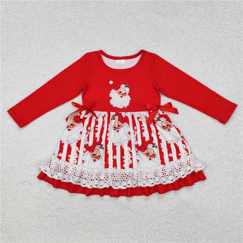 11.21 RTS NO MOQ （In stock）GLD0881 Baby Girls Christmas Santa Ruffle Knee Length Dresses