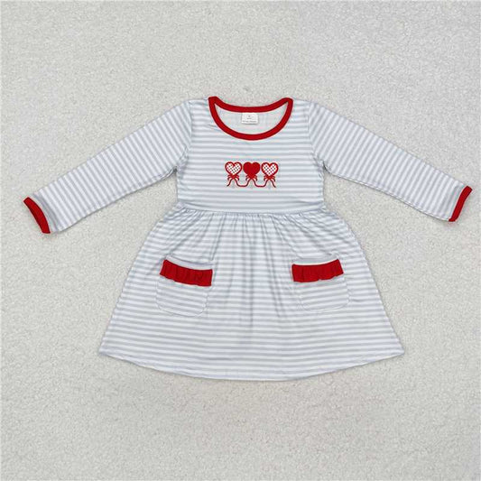 GLD0884  Baby Girls Valentines Hearts Grey Stripes Knee Length Dresses