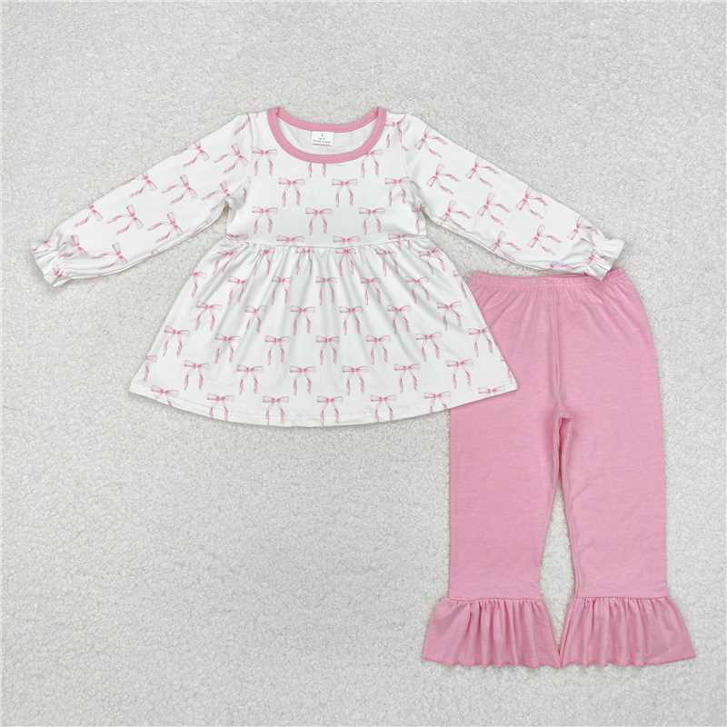 GLP1973Long sleeves pink bow tunic ruffle pants girls clothes