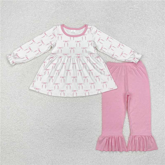 GLP1973Long sleeves pink bow tunic ruffle pants girls clothes