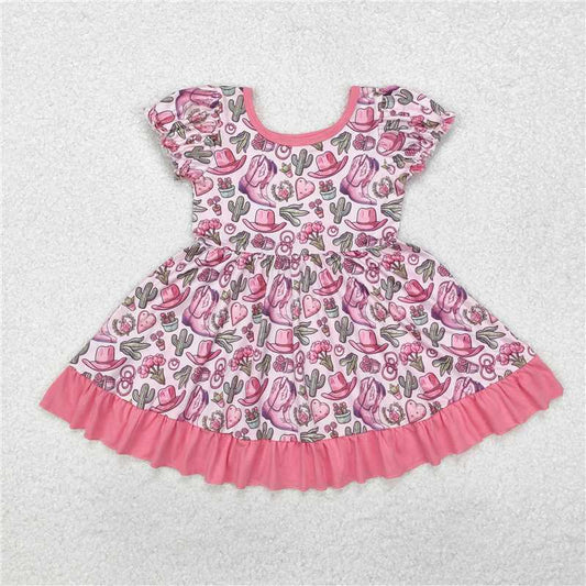 GSD0759  Baby Girls Cactus Boots Hats Western Ruffle Knee Length Dresses