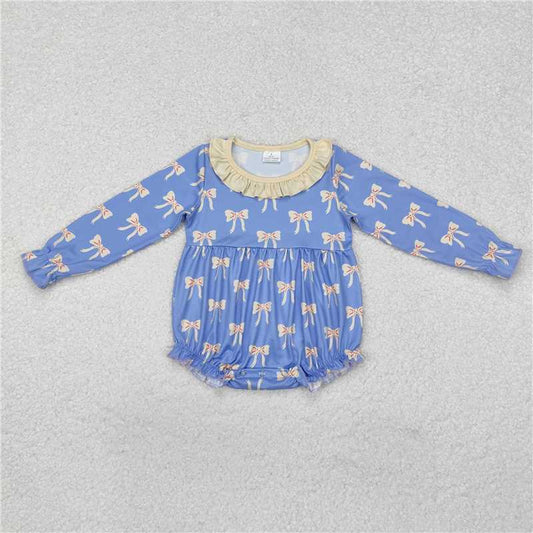 12.4 RTS NO MOQ （In stock）Matching LR1941 Baby Infant Girls Blue Bows Ruffle Long Sleeve Rompers