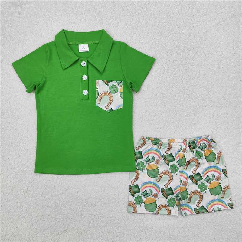 BSSO1165 Boys Four Leaf Clover Gold Coin Rainbow Hat Pocket Green Short Sleeve Shorts Suit