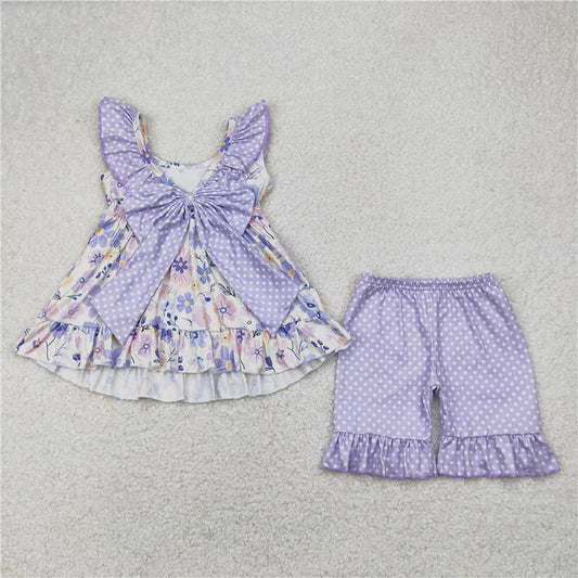 12.19 RTS NO MOQ （In stock）Matching GSSO2306 Baby Girls Lavender Flowers Bow Tunic Ruffle Shorts Clothes Sets