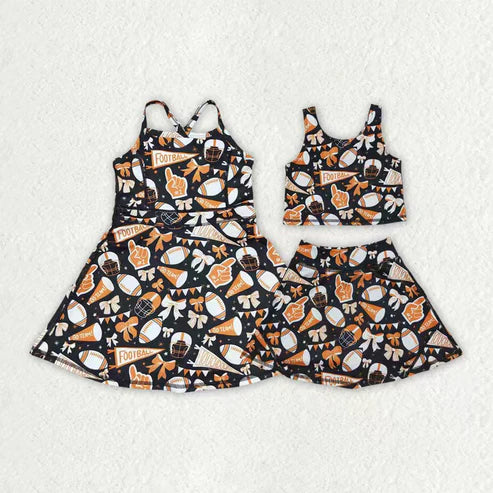 9.29 RTS Sibling Baby Girls Sleeveless Bows Cheer Plaid Yoga Athletic Skorts Team Sets Knee Length Dress