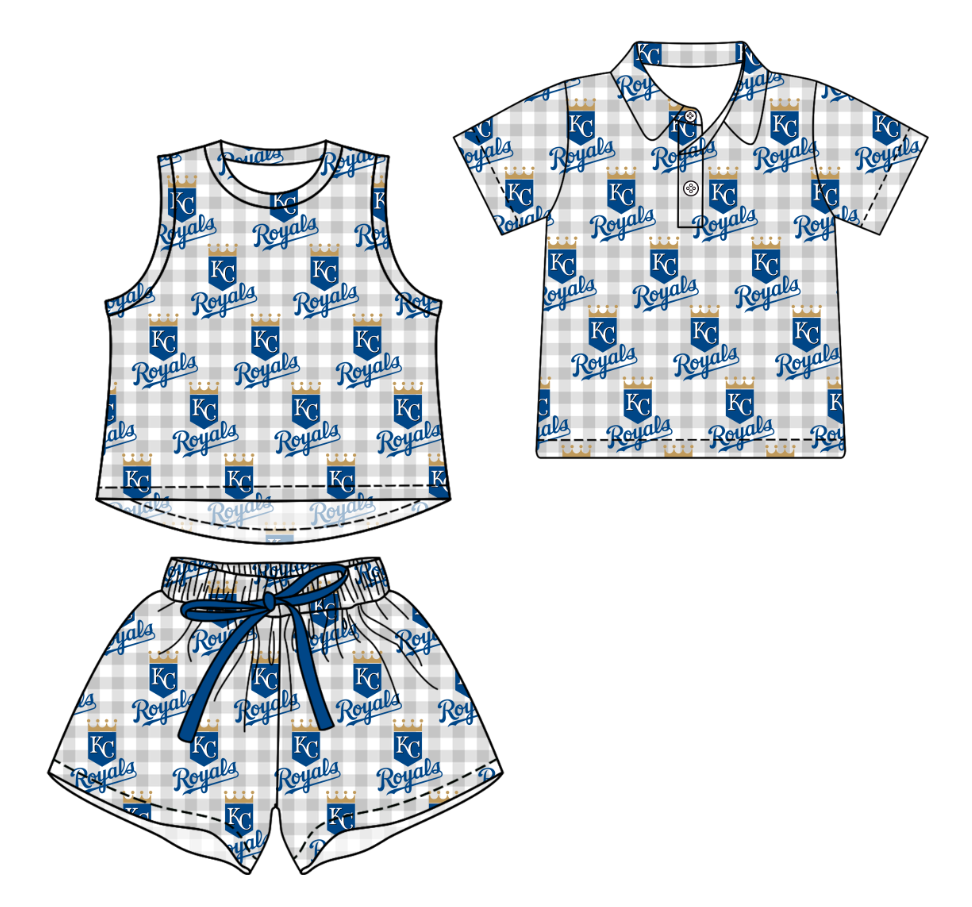 3.14 CUSTOM MOQ 5 Sibling Boys Baby Girls Summer Fashion Gray Check Sleeveless Top Shorts Button Polo Shirts Team Clothes Sets