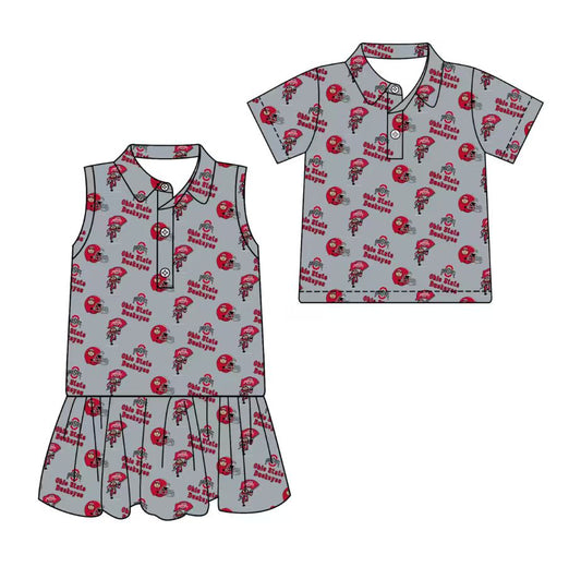 3.11 CUSTOM MOQ 5 Sibling Boys Baby Girls Summer Fashion Short Sleeve Gray Red Hat Shirt Sleeveless Dress Team Clothes Sets