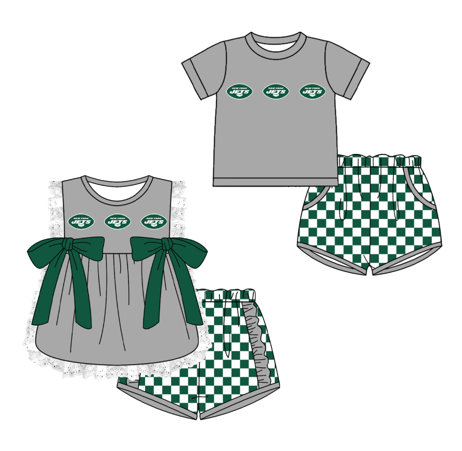 CUSTOM MOQ 5 Cute Kids Clothing Sibling Boys Baby Girls Summer Gray Top Green Checked Shorts Team Clothes Sets