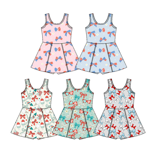 CUSTOM MOQ 5 Sibling Baby Girls Sleeveless 5 Colors July 4th Bows Yoga Dress Kids Girls Summer Athletic Dresses