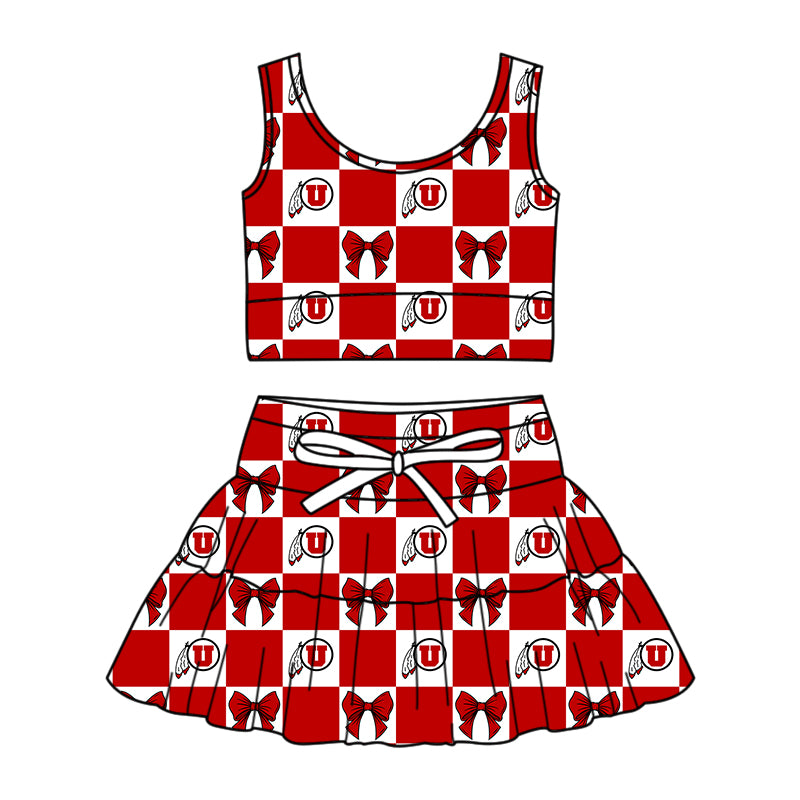 CUSTOM MOQ 5 Sibing Kids Clothing for Girls Baby Girls Red U Bow Top Skirts Yoga Active Team Clothes Sets Knee Length Dress Shorts