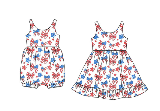 CUSTOM MOQ 5 Sibling Baby Girls Summer July 4th Sleeveless Knee Length Dress Rompers