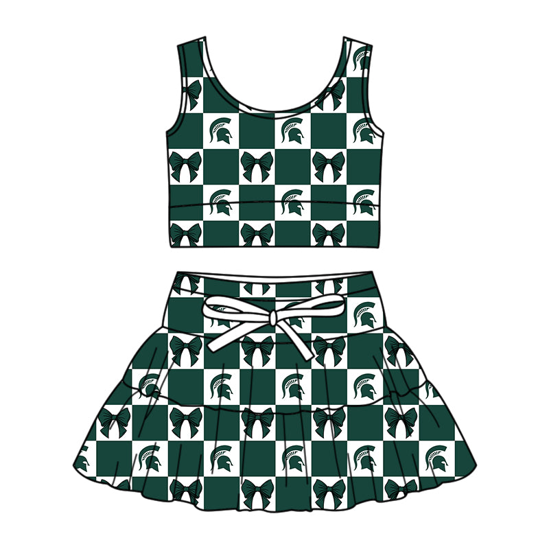 CUSTOM MOQ 5 Sibing Kids Clothing for Girls Baby Girls Green Bow Top Skirts Yoga Active Team Clothes Sets Knee Length Dress Shorts