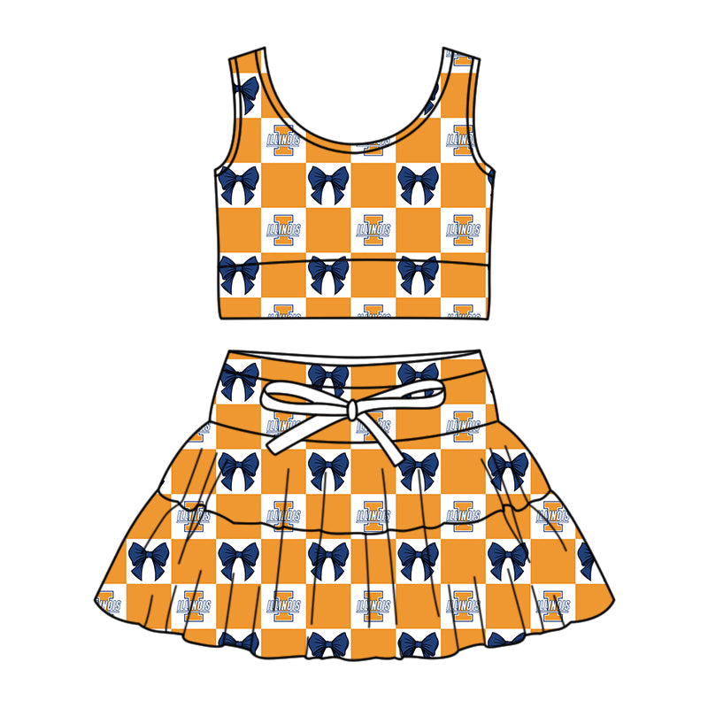 CUSTOM MOQ 5 Kids Clothing for Girls Baby Girls Orange Bow Top Skirts Yoga Active Team Clothes Sets