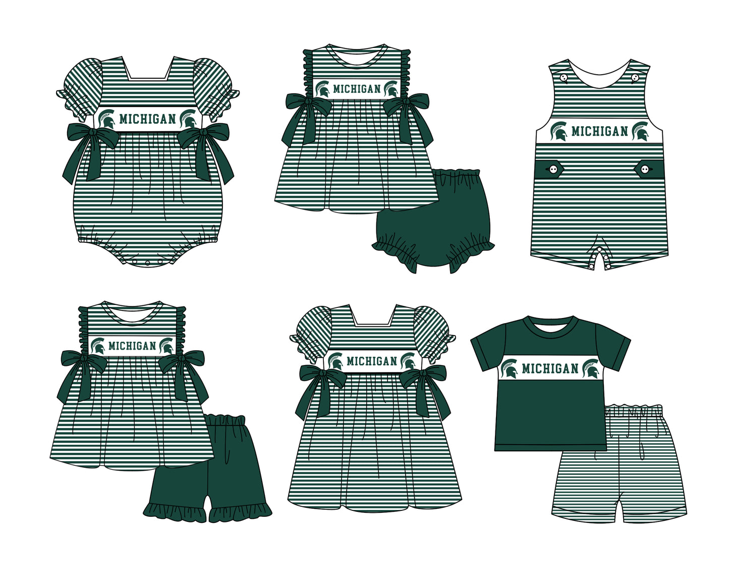 CUSTOM MOQ 5 Sibling Boys Baby Girls Green Stripe Top Ruffles Shorts Clothes Set Knee Length Dress Rompers