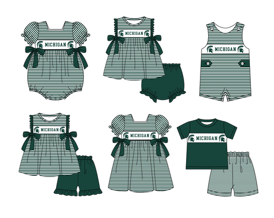 CUSTOM MOQ 5 Sibling Boys Baby Girls Green Stripe Top Ruffles Shorts Clothes Set Knee Length Dress Rompers
