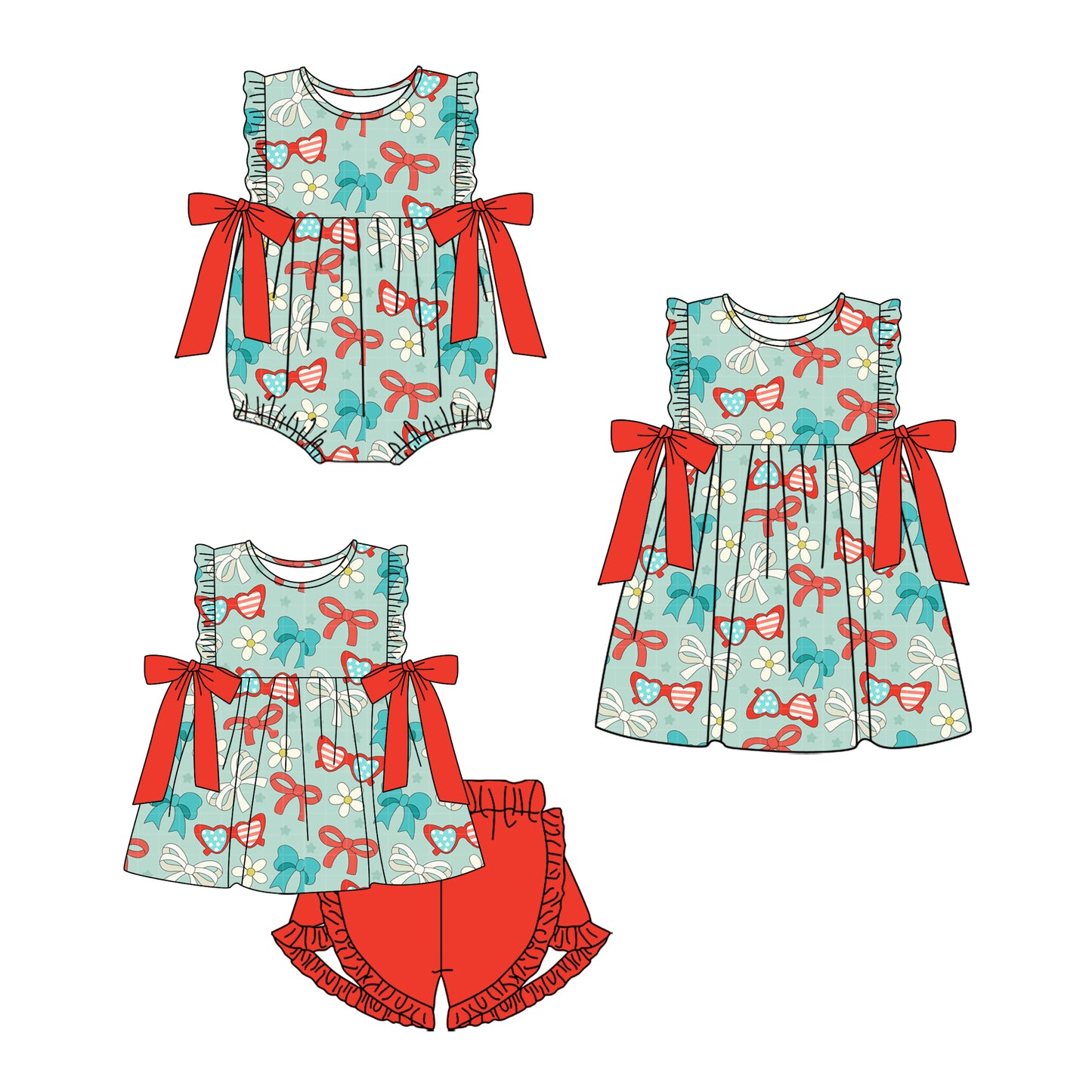 CUSTOM MOQ 5 Sibling Baby Girls Green Glasses Bow Sleeveless Tunic Ruffle Shorts Clothes Set Knee Length Dress Rompers