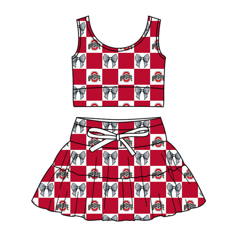 CUSTOM MOQ 5 Sibing Kids Clothing for Girls Baby Girls Red Bow Top Skirts Yoga Active Team Clothes Sets Knee Length Dress Shorts