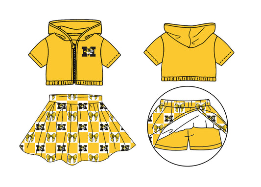 CUSTOM MOQ 5 Kids Clothing for Girls Baby Girls Yellow Bow Hoodie Top Skirt Team Clothes Sets