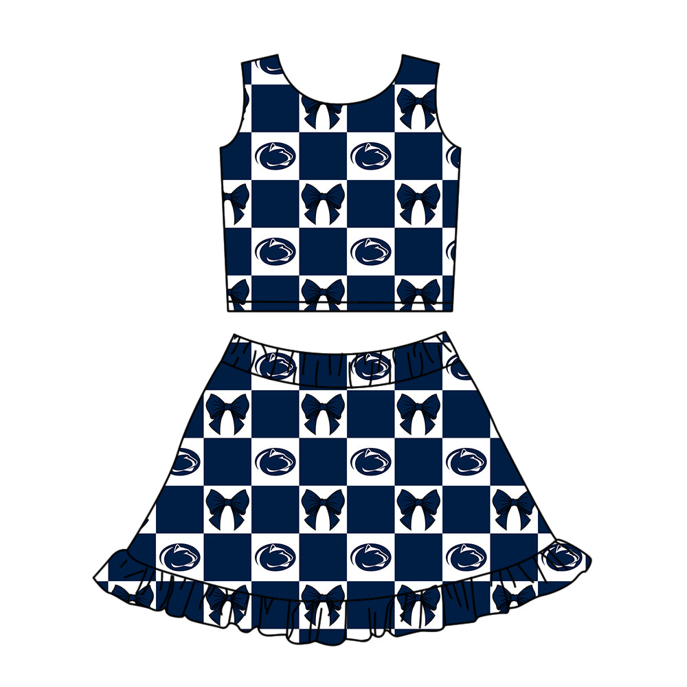CUSTOM MOQ 5 Sibing Kids Clothing for Girls Baby Girls Blue Bow Top Skirts Yoga Active Team Clothes Sets Knee Length Dress Shorts