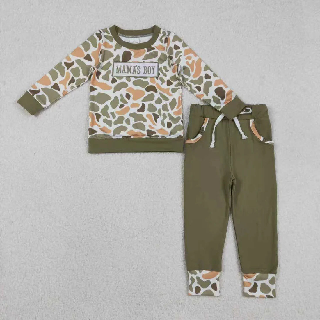 12.1 RTS Sibling Baby Boys Embroidery Mama's Boy Orange Camo Pockets Pant Clothes Sets Hoodie Romper